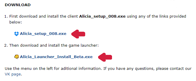 Browser download window for the Alicia Online installers